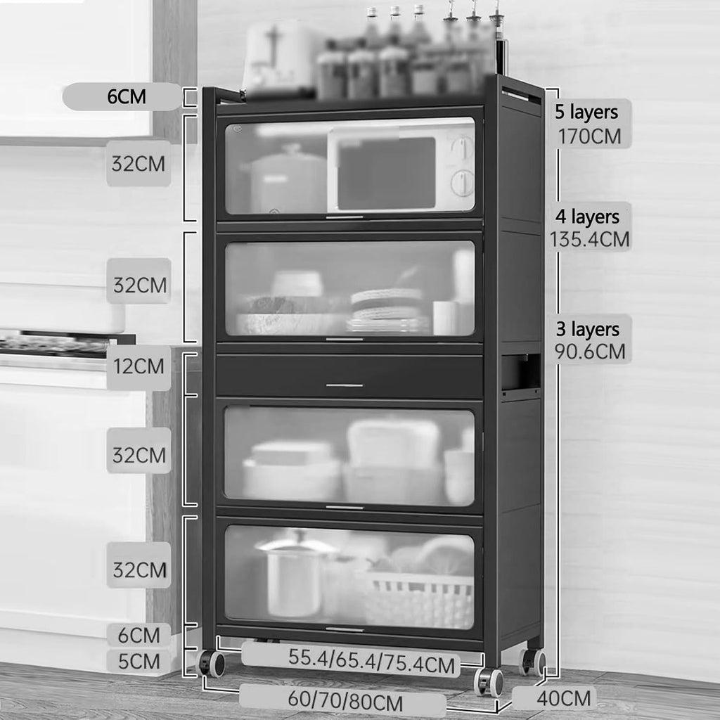 Bakers Rack with Storage Cabinet Kitchen Shelf Organizer and Storage with Drawer with Rolling Wheels, for Spices, Pots and Pans(Black,60 * 40 * 90.6cm)