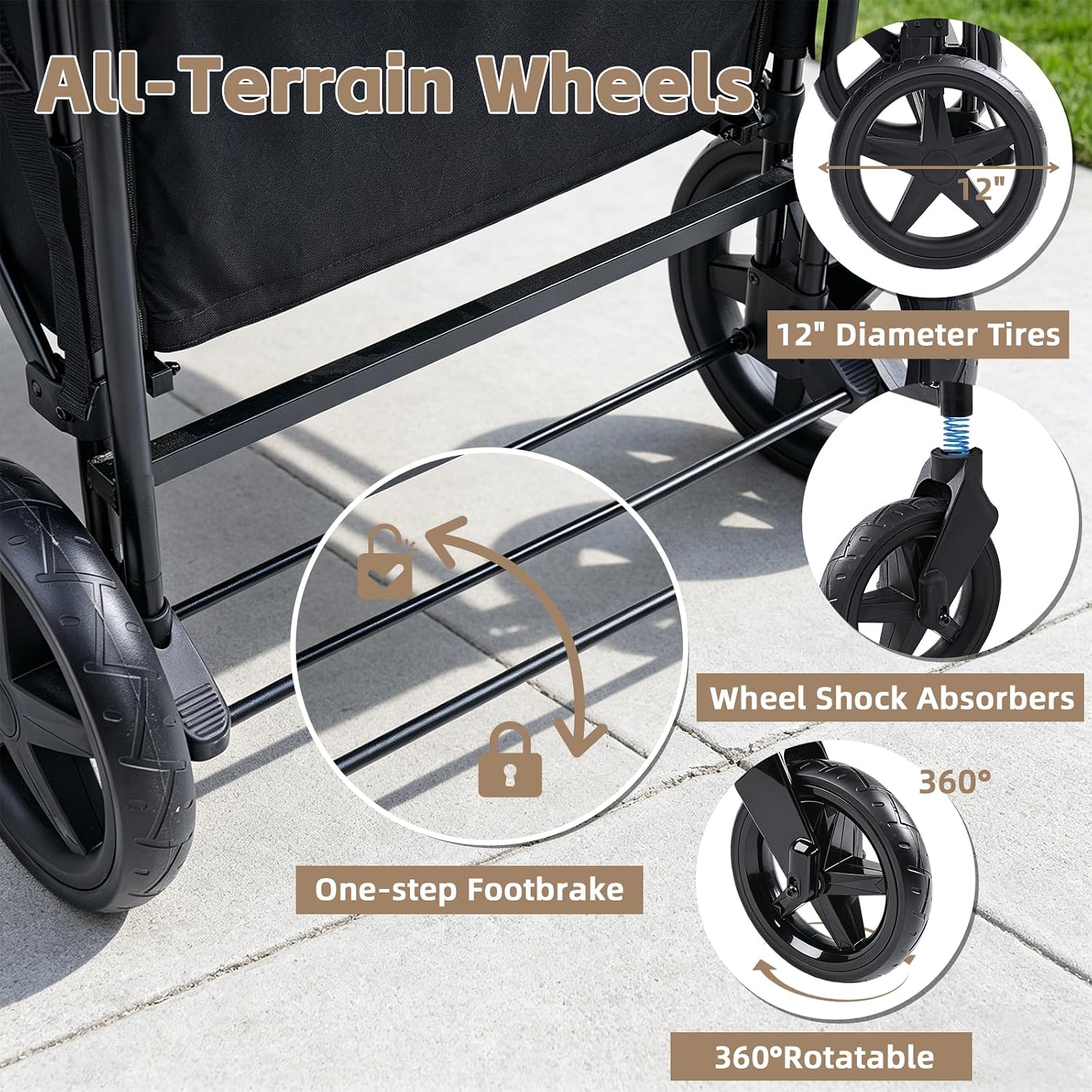 Stroller Wagon for 4 Kids, 4 Seater Wagon Stroller with Convertible Seats Footrests, Snack Tray, Storage Bag, Removable Canopy, Wagon Stroller 4 Seater with Double Push Handle (Black-Convertible)