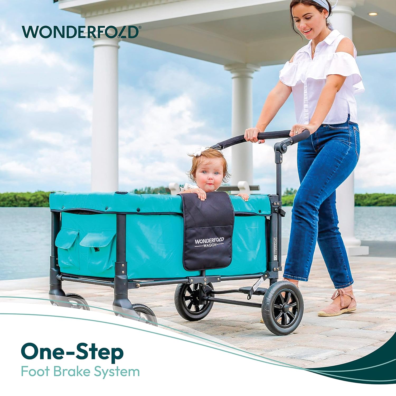 WONDERFOLD W1 Original Stroller Wagon (2 Seater) - Wagon Stroller with Seats with 5-Point Harnesses, Adjustable Push Handle, and Sun Canopy, Jet Black