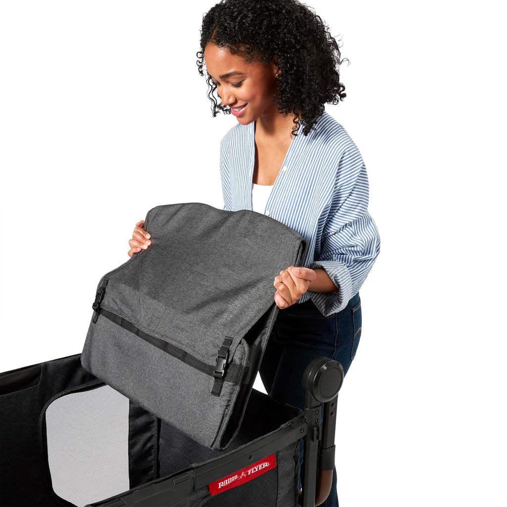 Radio Flyer Voya XT Quad Stroller Wagon, for Ages 6+ Months, Extra Tall Sides, Push or Pull, 4 Seats, Dual Sun Canopies, Compact Fold, Storage Space, 5-Point Harnesses, Stroller Wagon for Kids