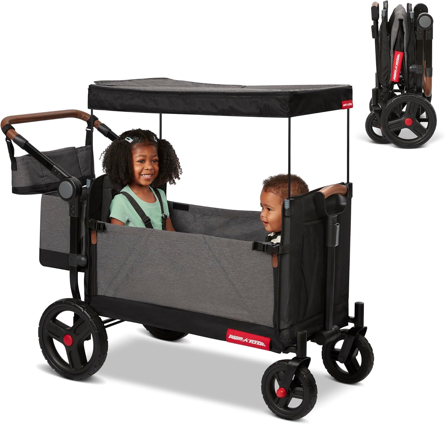 Radio Flyer Atlas Stroll 'N Wagon, Atlas Gray, for Ages 1+, 3-in-1 Push or Pull Versatility, One-Hand Fold, UV Canopy, 5-Point Harnesses, Storage Capabilities, Rubber Wheels, Stroller Wagon for Kids