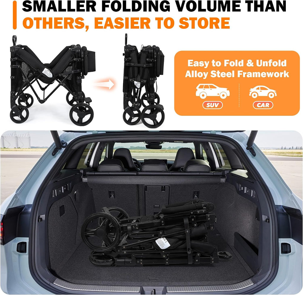 Wagon Stroller for 2 Kids, High Seat & 5 Point Harness, Foldable All-Terrain Wagon for Toddler with Canopy, Parent Organizer, Shoulder Bag, Adjustable Handlebar, Ultimate Double (Black, W2-M)