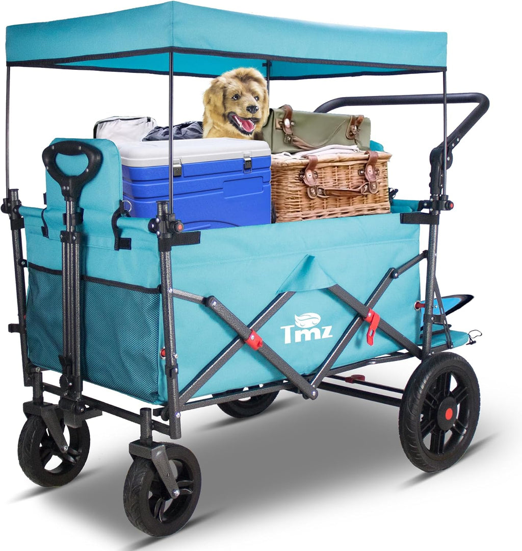 TMZ Collapsible Wagon with 2 Foldable Seats, Folding Cart with Removable Canopy, Heavy Duty Wagon 265LBS Load Capacity for Camping Garden Shopping (Turquoise)