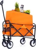 3-in-1 Convertible Folding Wagon Cart with Bench Seat & Storage, 500lb Capacity Heavy-Duty Utility Cart, 180L All-Terrain Wagon for Camping, Beach, Garden (Orange)
