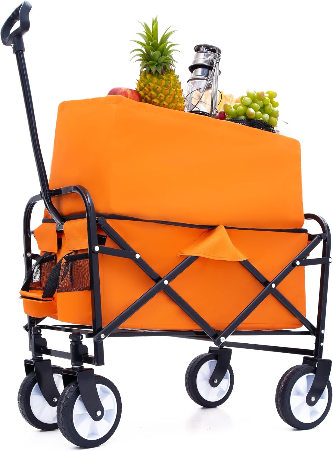 3-in-1 Convertible Folding Wagon Cart with Bench Seat & Storage, 500lb Capacity Heavy-Duty Utility Cart, 180L All-Terrain Wagon for Camping, Beach, Garden (Orange)