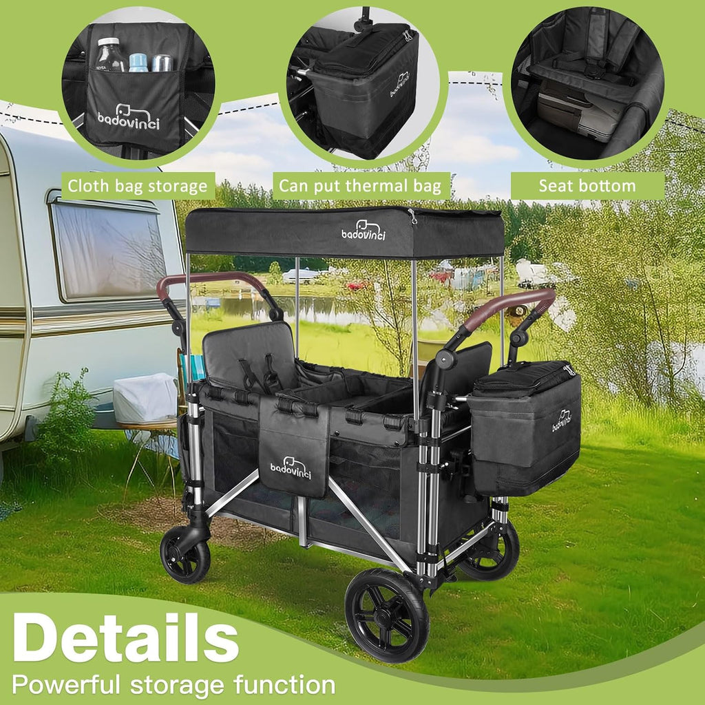 Stroller Wagon for 2 Kids, Wagon Cart Featuring 2 High Seat with 5-Point Harnesses and Adjustable Canopy, Foldable Push-Pull Rod for Garden, Camping, Grocery Cart