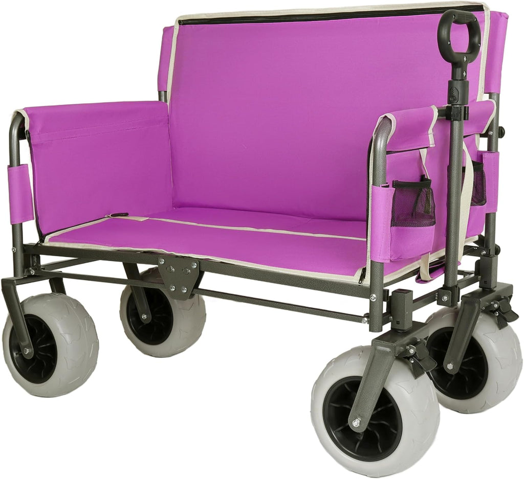 3-in-1 Heavy-Duty Wagon with Bench Seat – 500lbs Capacity, 9'x4' Beach Cart with Big Wheels for Sand, Collapsible Wagon for Camping, Groceries & Outdoor Events (Purple)