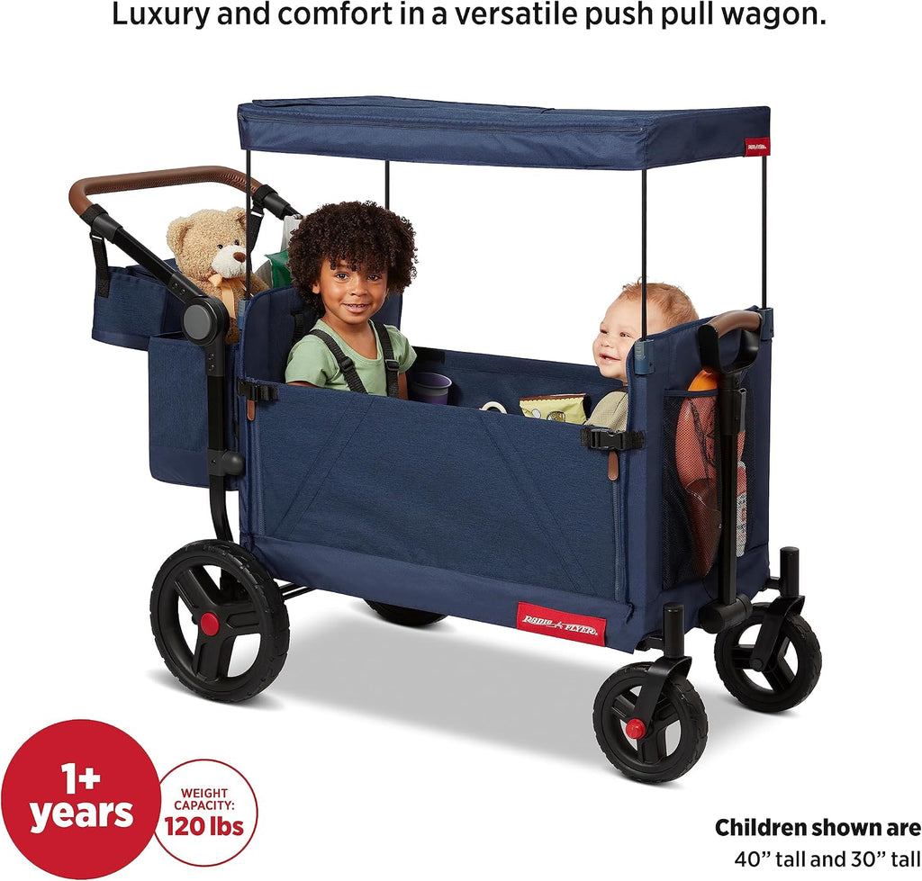 Radio Flyer Atlas Stroll 'N Wagon, Navy Blue, For Ages 1+, 3-in-1 Push or Pull Versatility, One-Hand Fold, UV Canopy, 5-Point Harnesses, Storage Capabilities, Rubber Wheels, Stroller Wagon for Kids