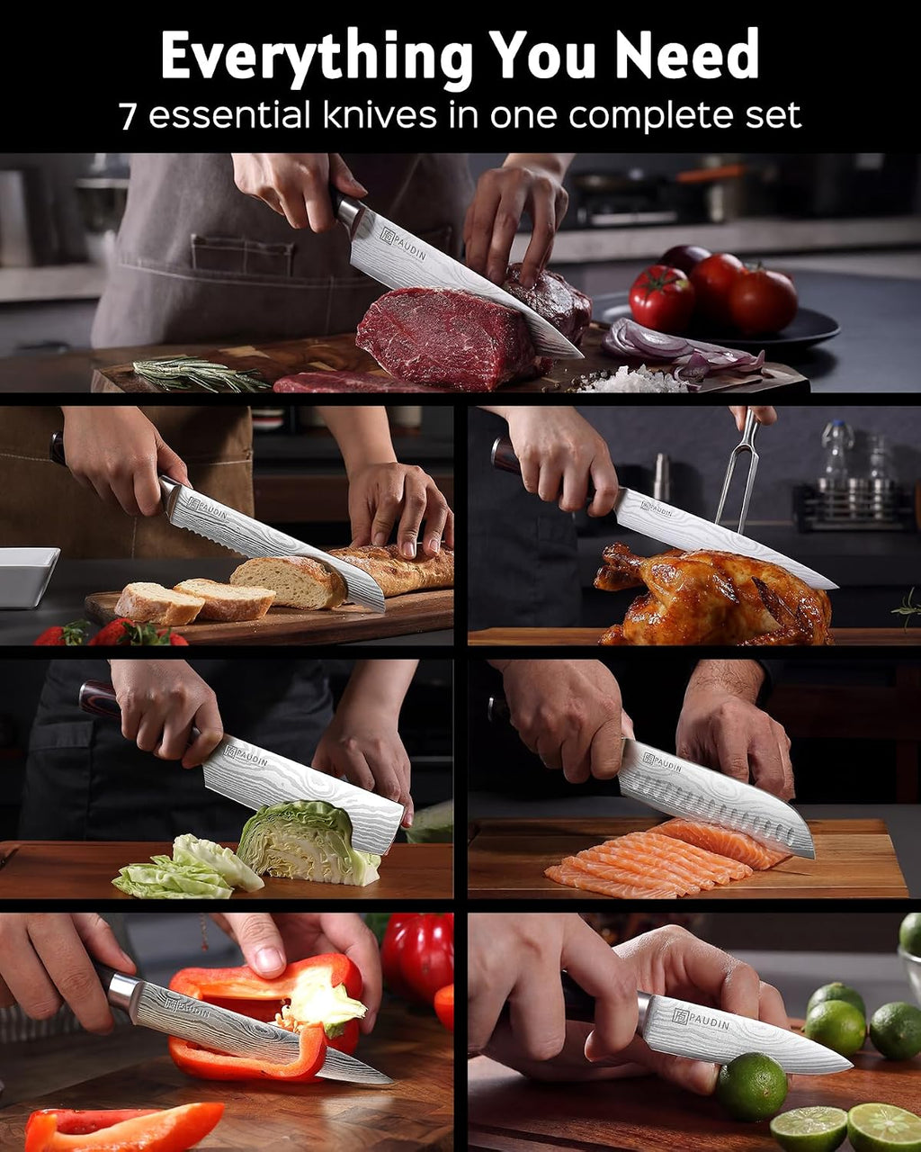 PAUDIN Chef Knife Set, 7 Pieces Kitchen Knife Set, High Carbon Stainless Steel, Ultra Sharp Knife Set, Professional Knives Set for Kitchen with Pakkawood Handle