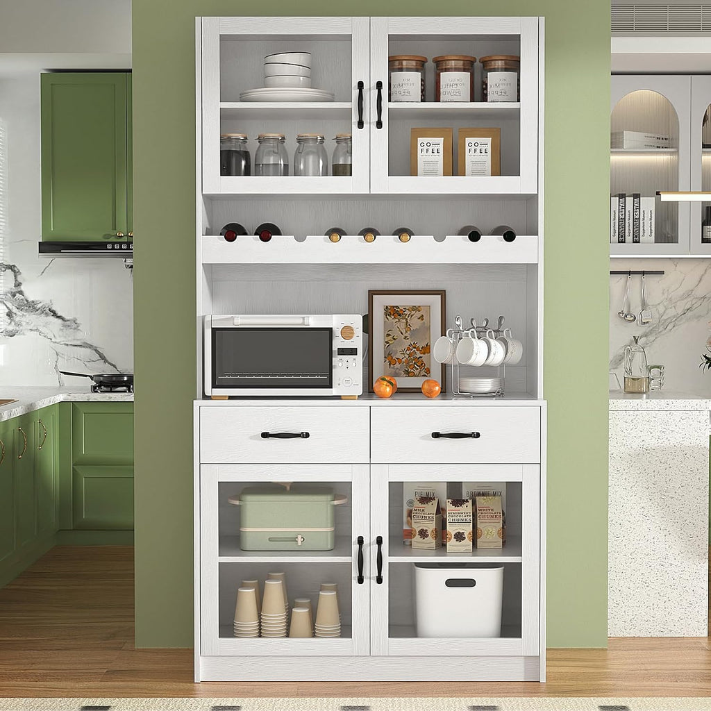 VOWNER 71' Kitchen Pantry Storage Cabinet, Tall Kitchen Hutch Storage Cabinet with 4 Glass Doors and 2 Drawers, Food Pantry with Wine Rack Cupboard for Dinning Room, Living Room