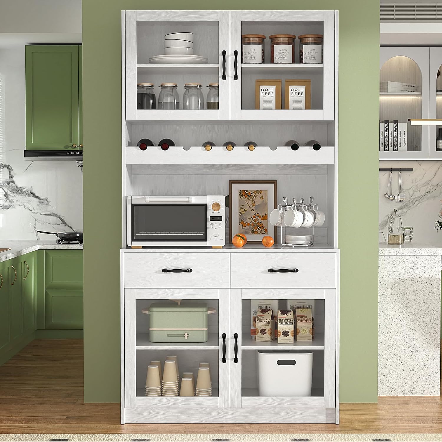 VOWNER 71' Kitchen Pantry Storage Cabinet, Tall Kitchen Hutch Storage Cabinet with 4 Glass Doors and 2 Drawers, Food Pantry with Wine Rack Cupboard for Dinning Room, Living Room
