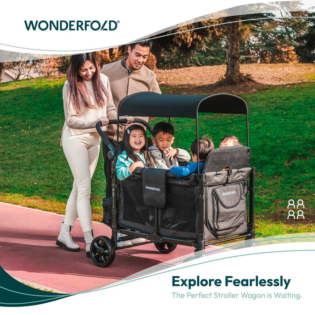 WonderFold W4 Elite Stroller Wagon - Foldable Wagon with Steel Frame - Adjustable Canopy & Push Handle - All-Terrain Wheels - for Babies, Toddlers & Kids - 4 Seater - Gray