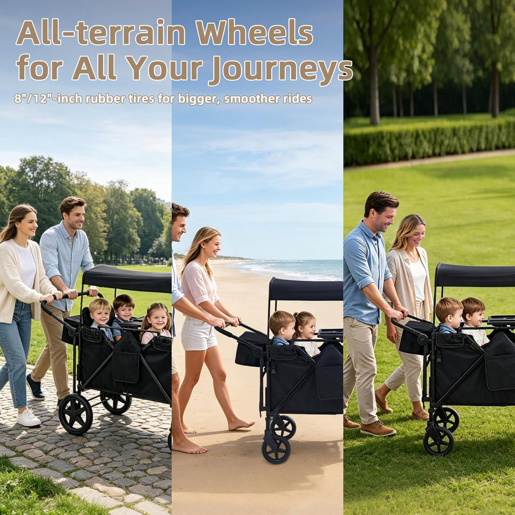 Stroller Wagon for 4 Kids, 4 Seater Wagon Stroller with Convertible Seats Footrests, Snack Tray, Storage Bag, Removable Canopy, Wagon Stroller 4 Seater with Double Push Handle (Black-Convertible)