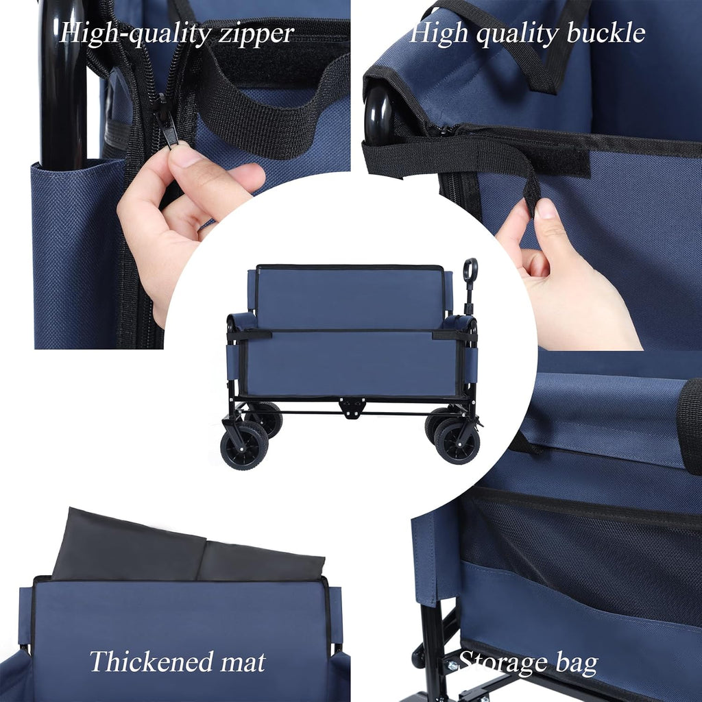 Convertible Folding Wagon Cart, 500lbs Heavy-Duty Utility Wagon with Bench Seat & Storage, 180L Capacity, All-Terrain Wheels for Camping, Beach, Sports, Garden