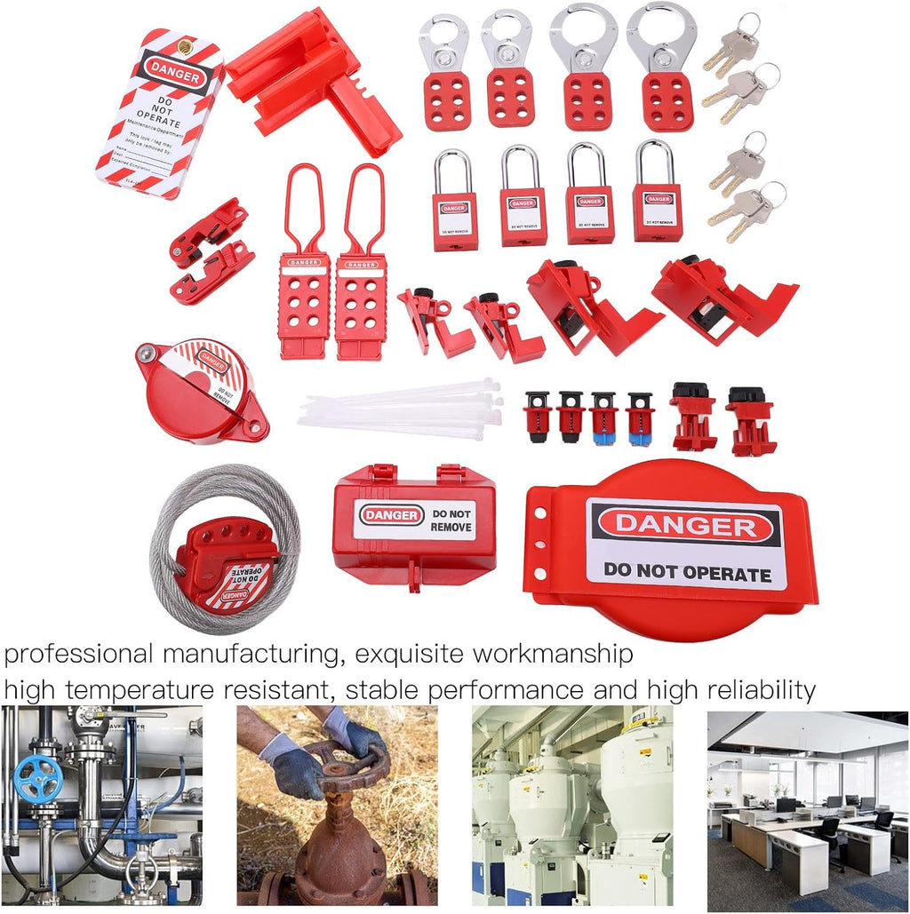 Lockout Tagout Kit, Electrical Lock Out Tag Out Kits Safe Padlocks with Circuit Breaker Lock Hasps Loto Tags Keys Ball Valve Lockout Steel Cable Toolbox Kit for Industrial Chemical