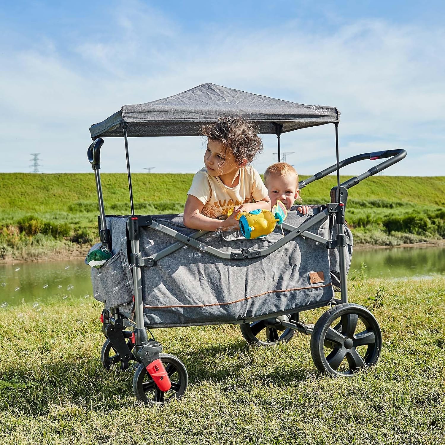 Busy Bee Foldable Wagon Stroller for 2 Kids, Push Pull Collapsible Kids Wagon with Adjustable Handle Bar, Removable Canopy, 5-Point Harness, Shock-Absorbing Wheels, Grey