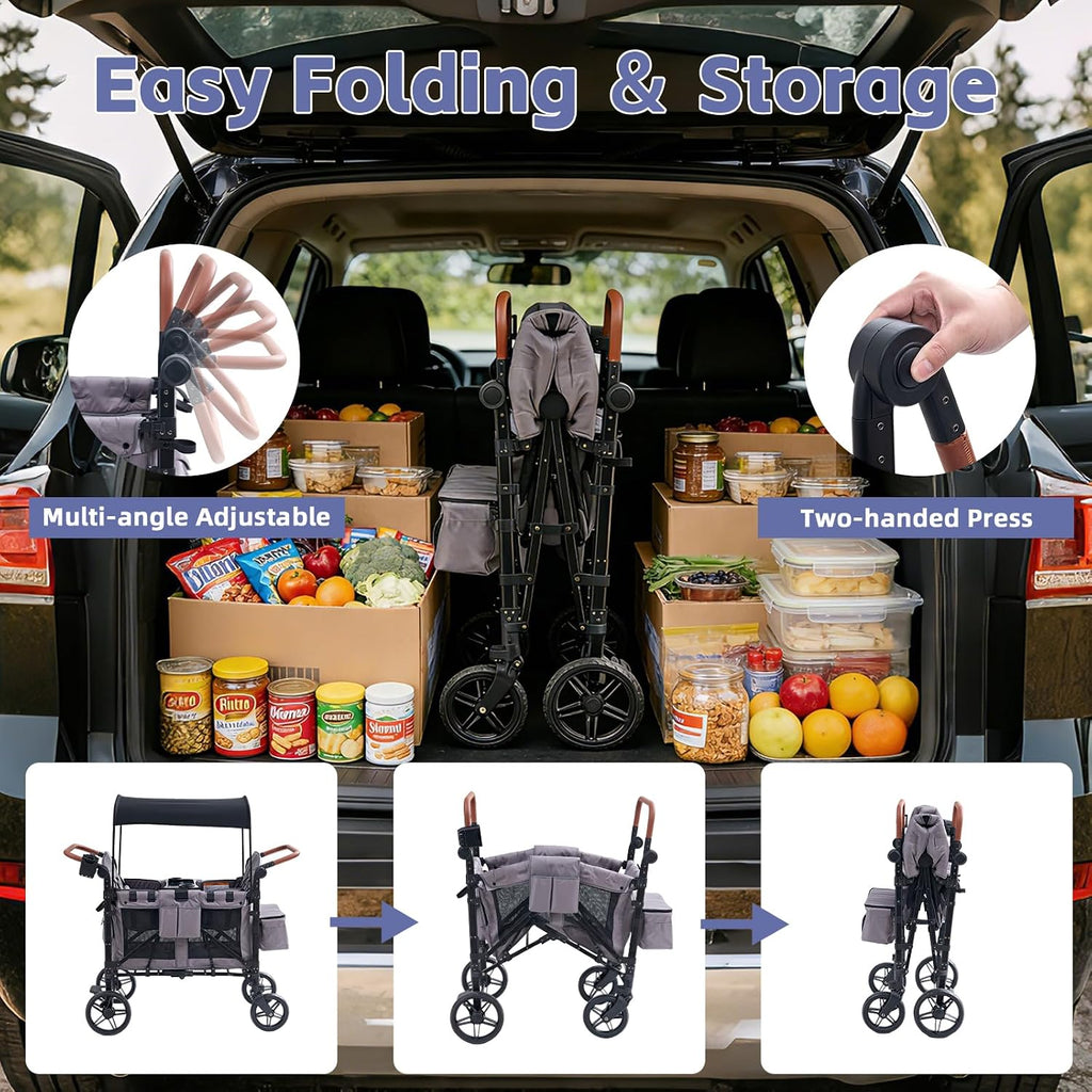 Stroller Wagon for 4 Kids, 4 Seater Wagon Stroller with Snack Tray, Large Storage Bag, Phone Cup Holder, Removable Canopy, Foldable Wagon Stroller 4 Seater with Adjustable Push Handles (Grey)