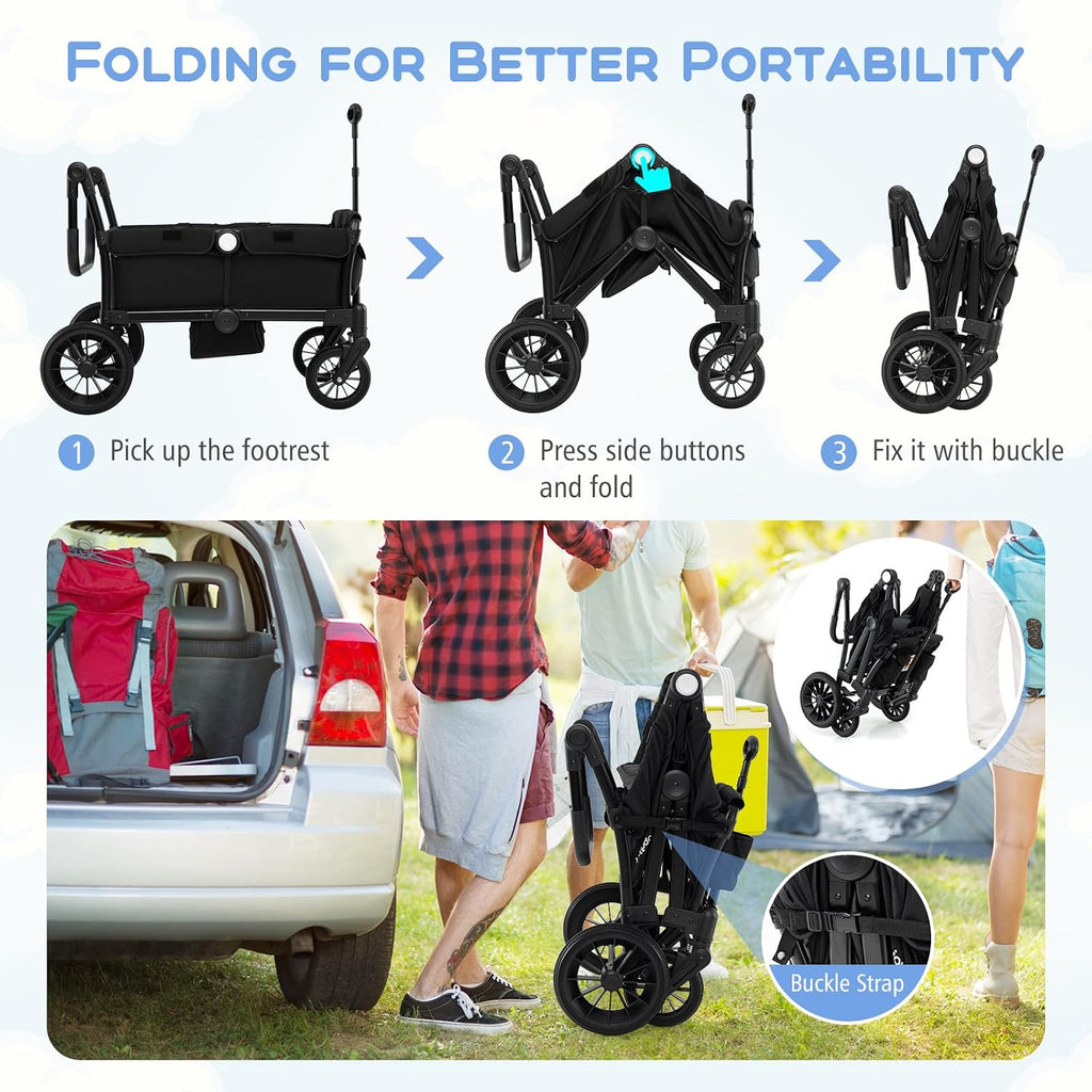 HONEY JOY Wagon Stroller for 2 Kids, 2 Seater Toddler Quad Stroller Wagon, Adjustable Push/Pull Handle Bar, Drop-Down Footwell & Upholstered Seats, Collapsible Kids Wagon with Canopy(Black)