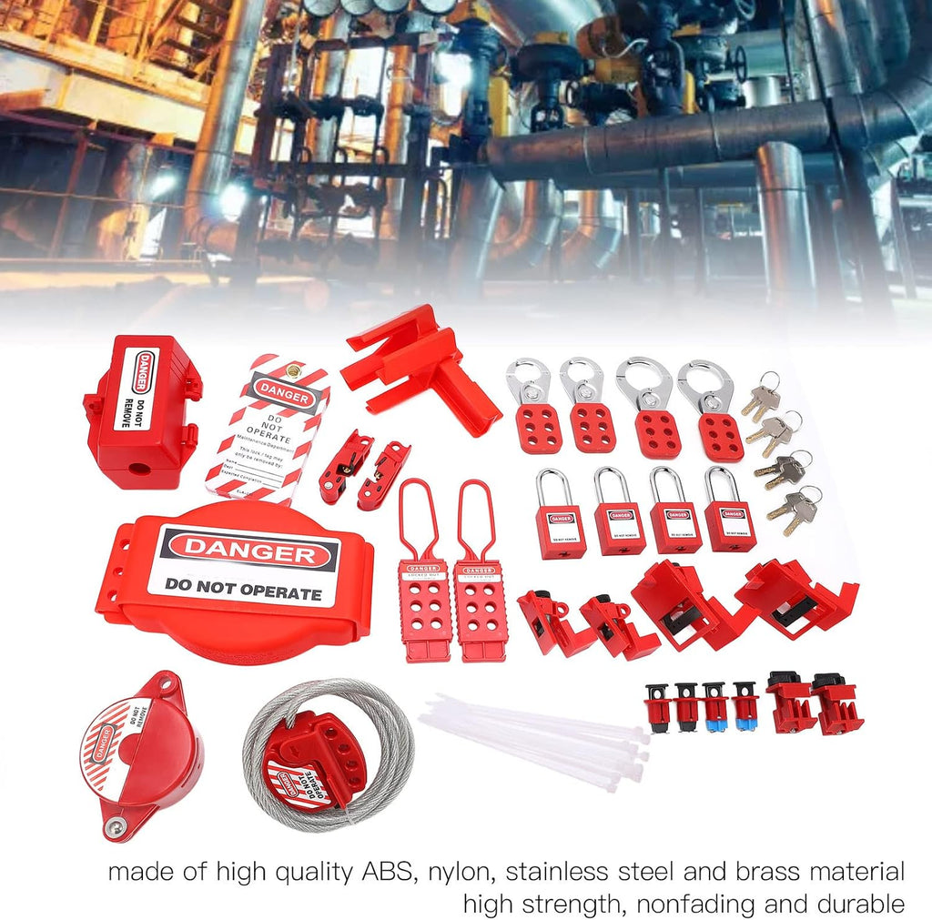 Lockout Tagout Kit, Electrical Lock Out Tag Out Kits Safe Padlocks with Circuit Breaker Lock Hasps Loto Tags Keys Ball Valve Lockout Steel Cable Toolbox Kit for Industrial Chemical