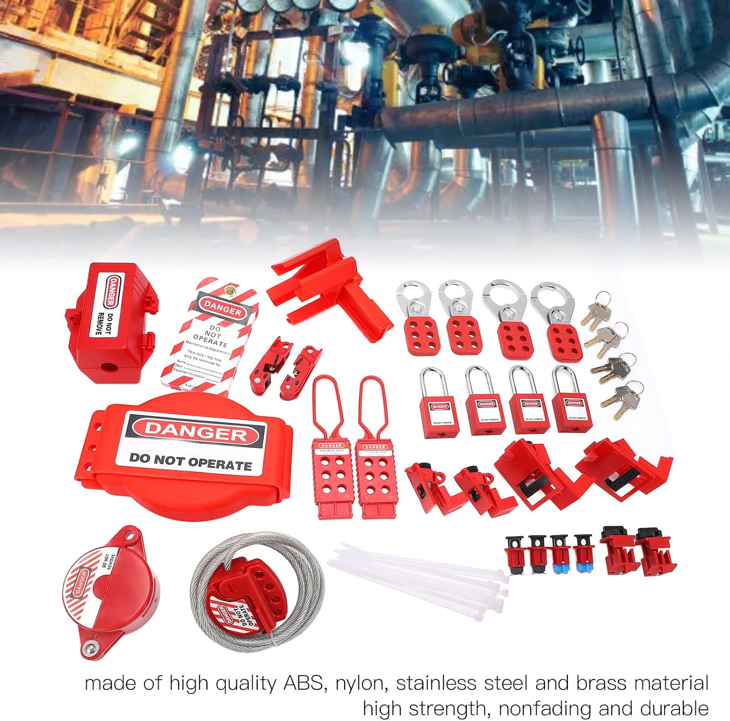 Lockout Tagout Kit, Electrical Lock Out Tag Out Kits Safe Padlocks with Circuit Breaker Lock Hasps Loto Tags Keys Ball Valve Lockout Steel Cable Toolbox Kit for Industrial Chemical