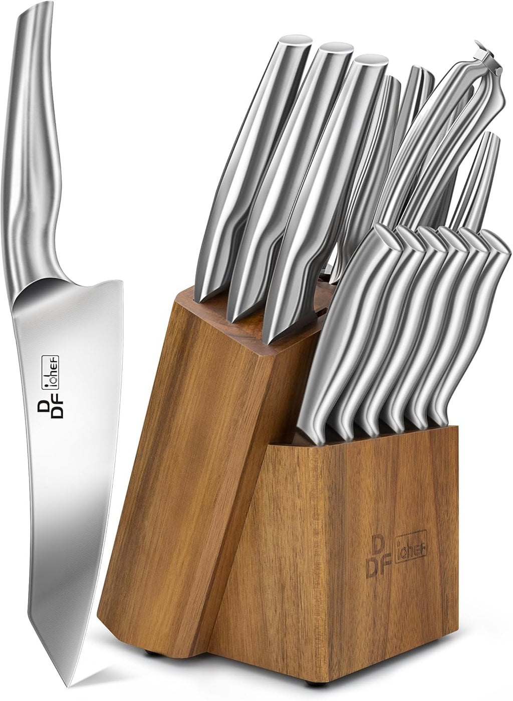 DDF iohEF Kitchen Knife Set with Block, 16 PCS Knife Sets for Kitchen with Block Japanese Stainless Steel, Ultra Sharp Chef Knife Set with Sharpener