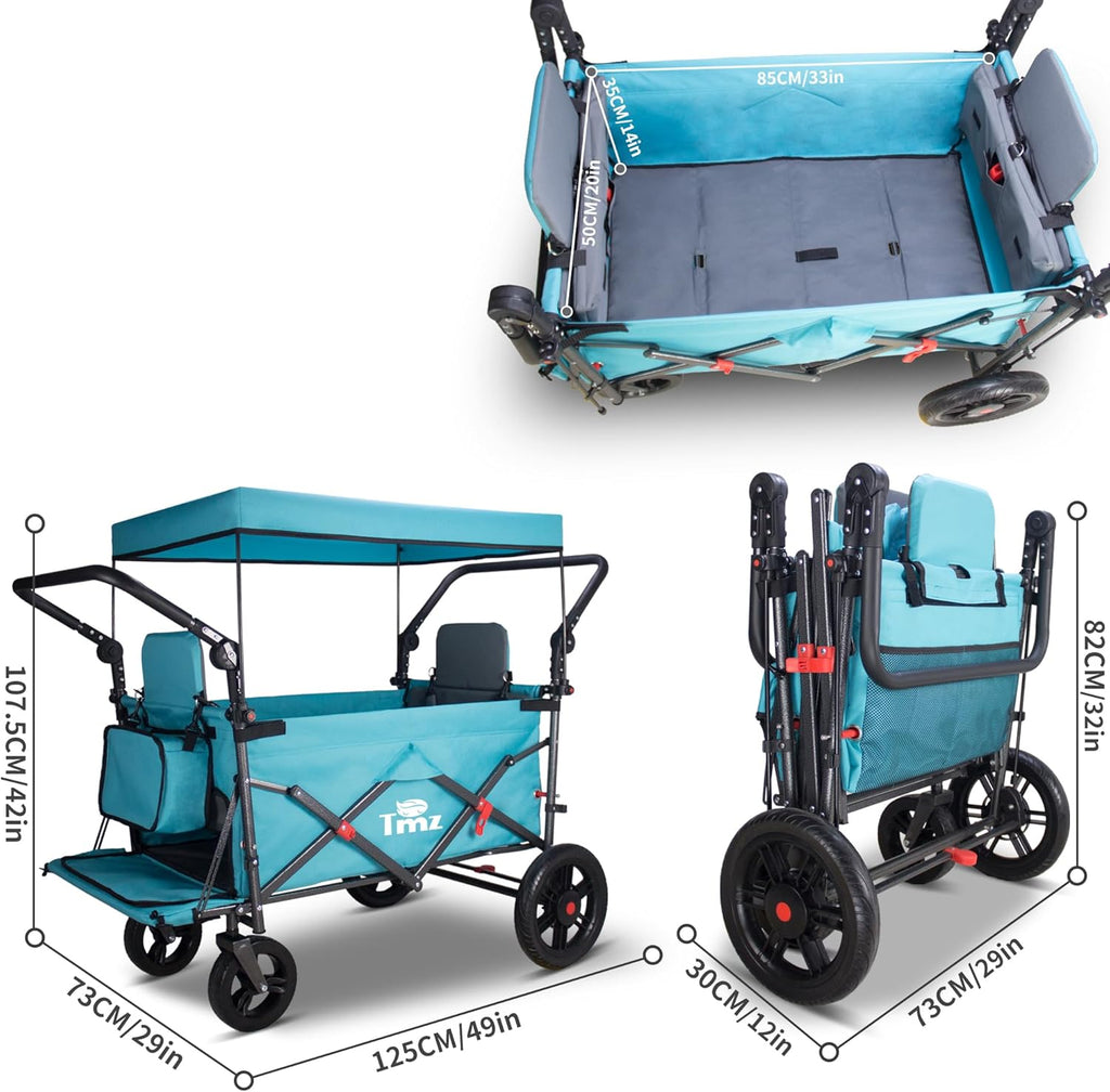 TMZ Foldable Wagon with Rain Cover & 2 Seats, Collapsible Folding Wagon with Adjustable Handle Bar, Multi Functional Cart with Canopy, Front Expandable Garden Cart (Transparent/Turquoise)