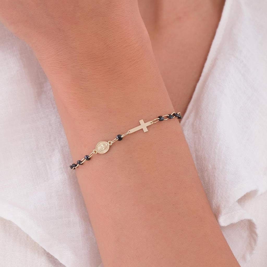 MIONZA 14K Solid Gold Rosary Sideways Cross Bracelet for Women, Adjustable Cross Bracelet, Religious Charm Catholic Jewelry, Christian Baptism Gift for Her