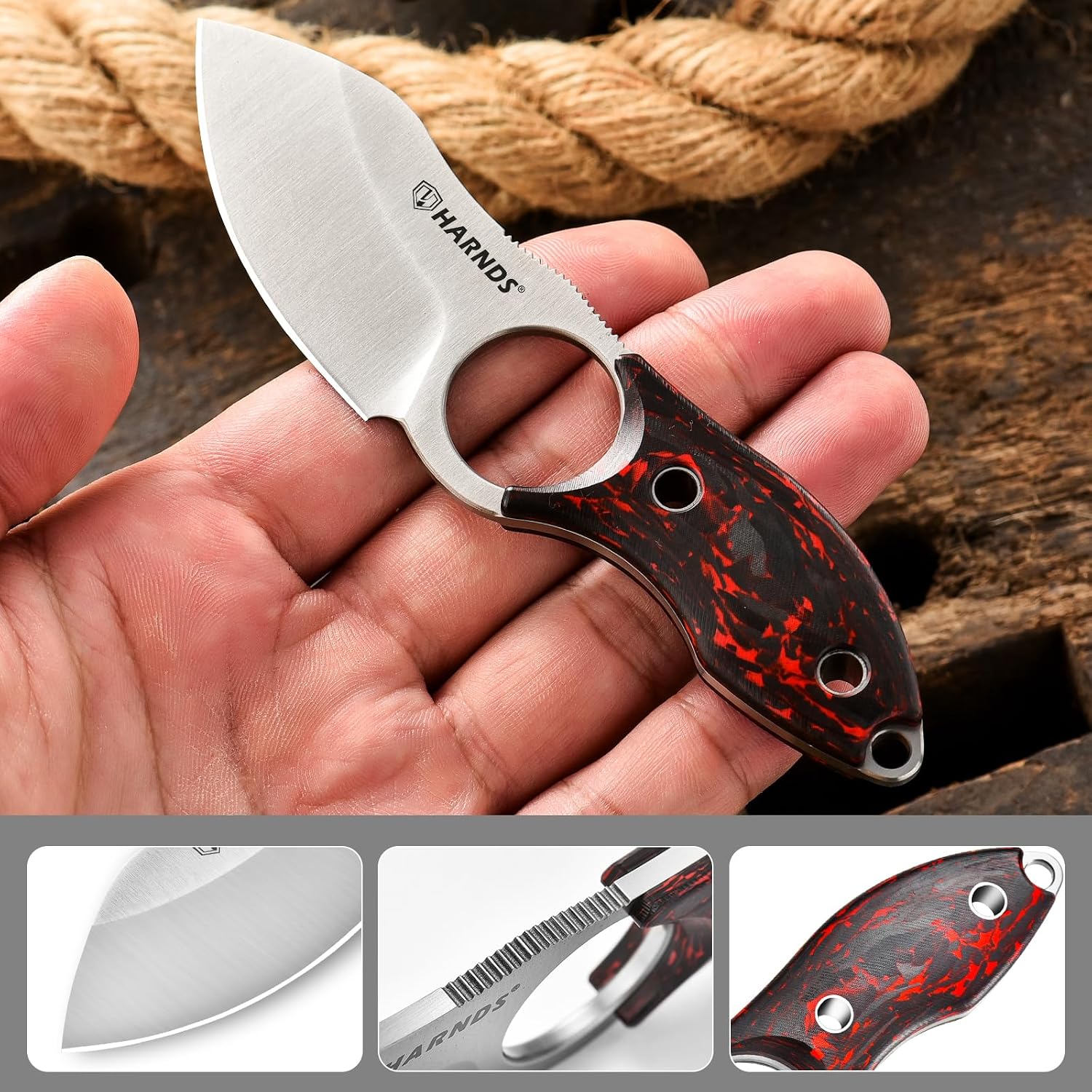 Harnds Small Fixed Blade Knife Full Tang Camping EDC with N690 Steel and Carbon Fiber Handle for Fishing and Skinning Eggplant