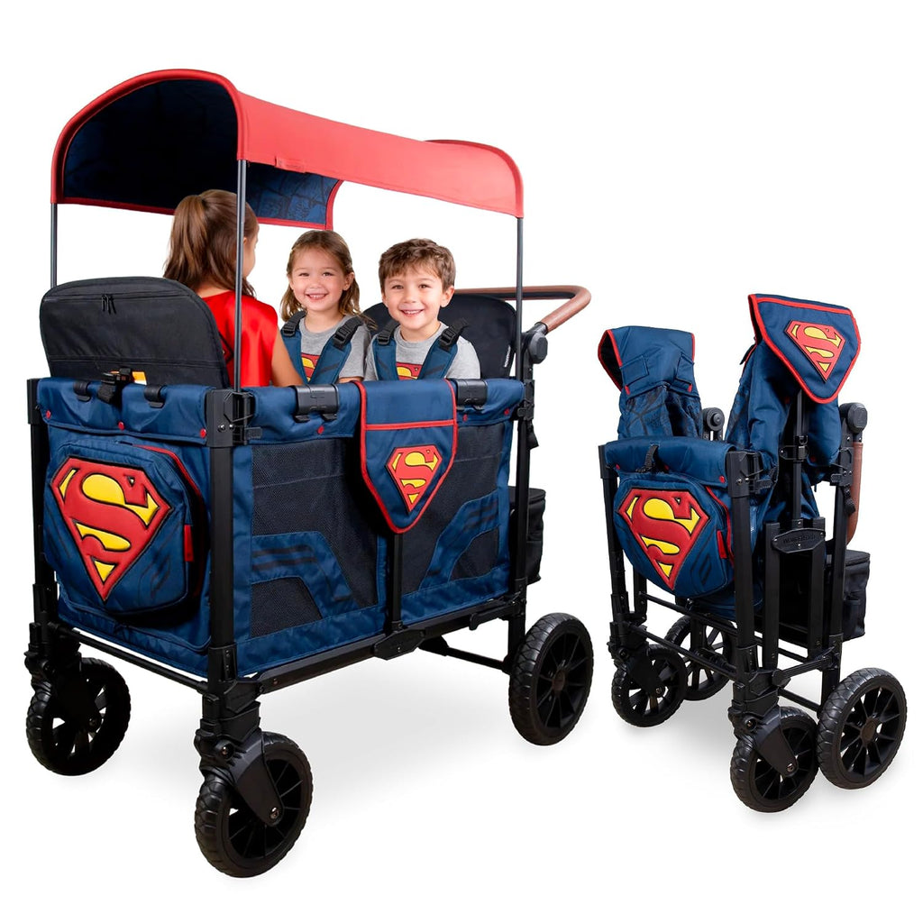 WONDERFOLD W4 Luxe Pro Special Edition Superman Stroller Wagon (4 Seater) - Collapsible Wagon Stroller with Seats with 5-Point Harnesses, Easy Access Zipper Door, and Removable Sun Canopy