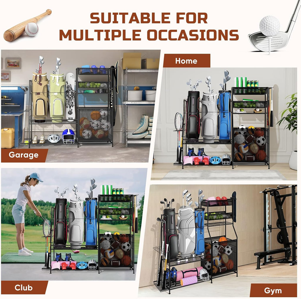 Garage Sports Equipment Organizer,3 Golf Bags Storage Stand,Heavy-Duty Ball Storage Rack with Basket and Hooks,Space-Saving Design for Toy Sports Gear Storage Indoor/Outdoor Use