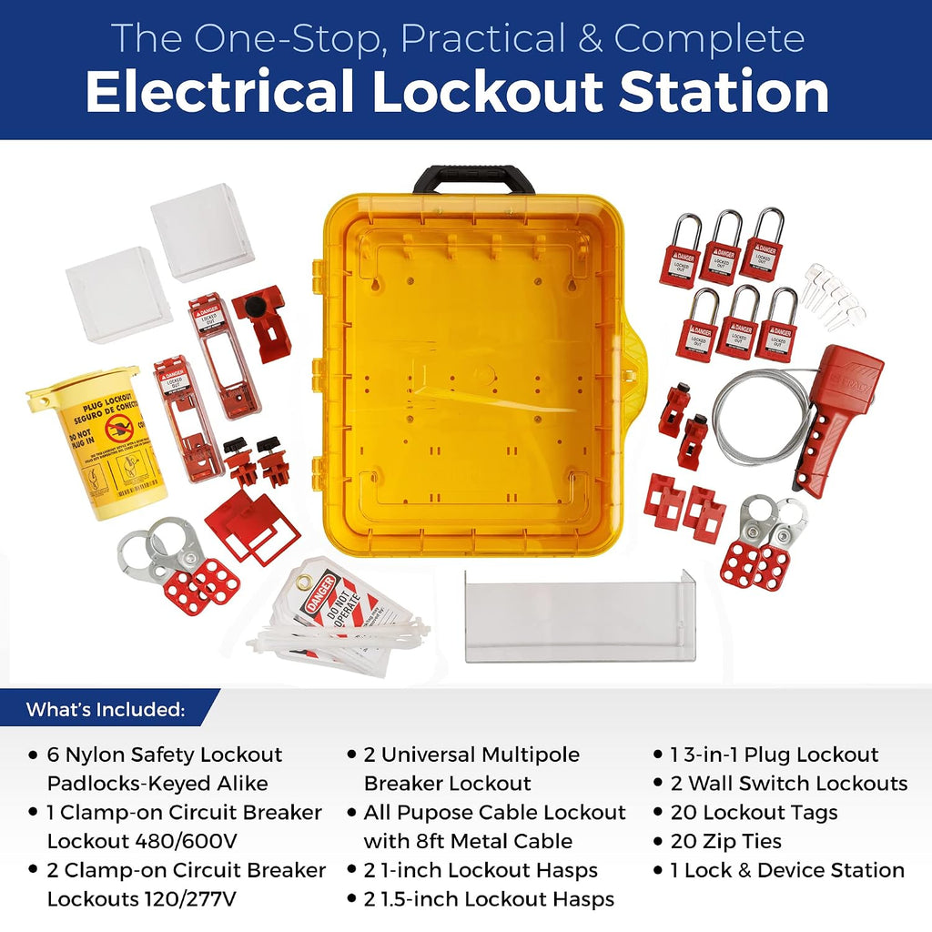BRADY Lockout Tagout Station with Loto Devices. 6 Keyed Alike Safety Locks, 4 Hasps, Clamp on, Multipole Circuit Breaker Lockouts, Plug Lockout, Cable Lockout 20 Loto Tags. Safety Supply - 153686