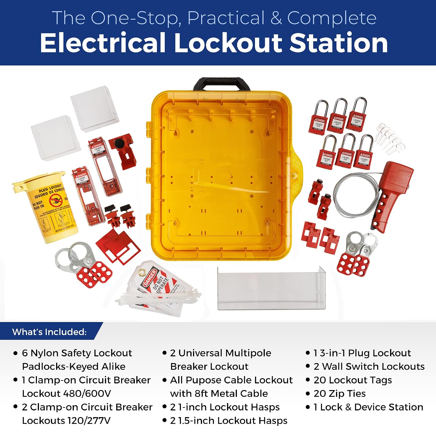 BRADY Lockout Tagout Station with Loto Devices. 6 Keyed Alike Safety Locks, 4 Hasps, Clamp on, Multipole Circuit Breaker Lockouts, Plug Lockout, Cable Lockout 20 Loto Tags. Safety Supply - 153686
