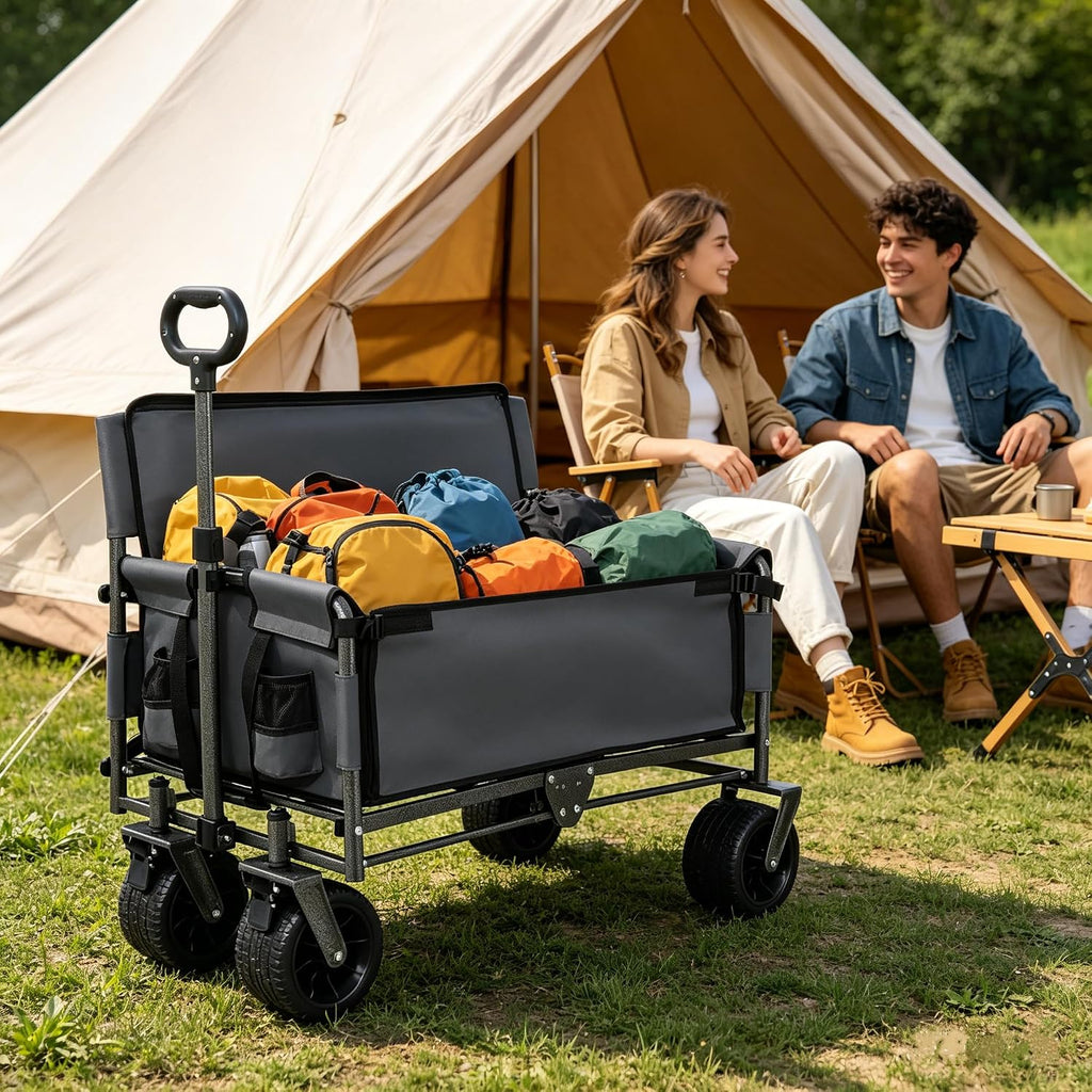 3-in-1 Convertible Folding Wagon Cart with Bench Seat & Storage - 500lbs Heavy-Duty Utility Wagon, 180L Capacity All-Terrain Wheels for Camping, Beach, Sports, Garden (Gray)