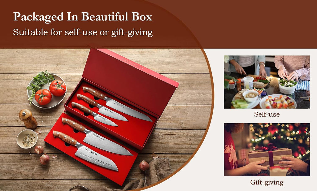 HEZHEN Knife Set,5 Piece Kitchen Chef Knife Set, German High Carbon Stainless Steel Ultra Sharp Chef Santoku Slicing Utility Paring Knives Sets, Ergonomic Full Tang Handle Cooking Cutlery Set Gift