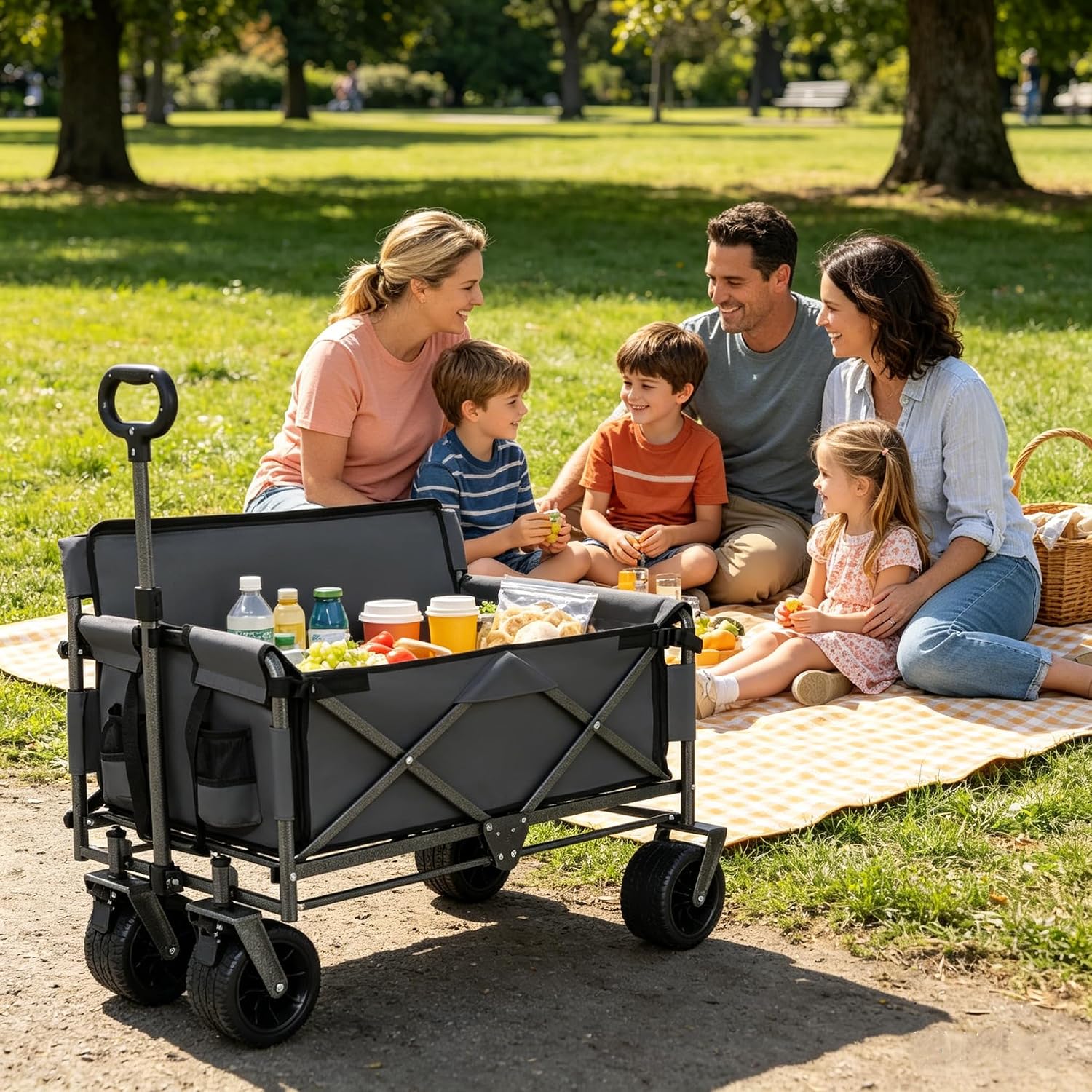 3-in-1 Convertible Folding Wagon Cart with Bench Seat & Storage - 500lbs Heavy-Duty Utility Wagon, 180L Capacity All-Terrain Wheels for Camping, Beach, Sports, Garden (Gray)