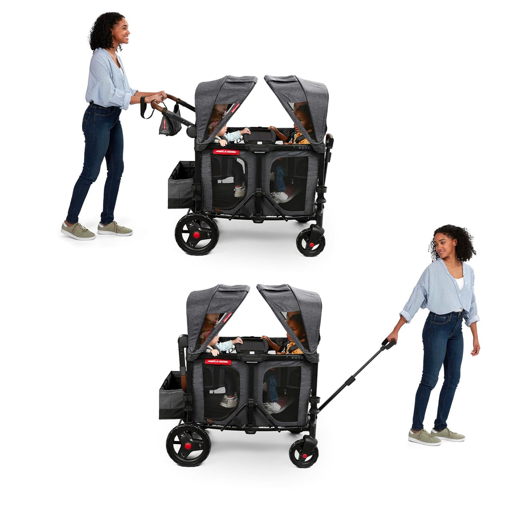 Radio Flyer Voya XT Quad Stroller Wagon, for Ages 6+ Months, Extra Tall Sides, Push or Pull, 4 Seats, Dual Sun Canopies, Compact Fold, Storage Space, 5-Point Harnesses, Stroller Wagon for Kids