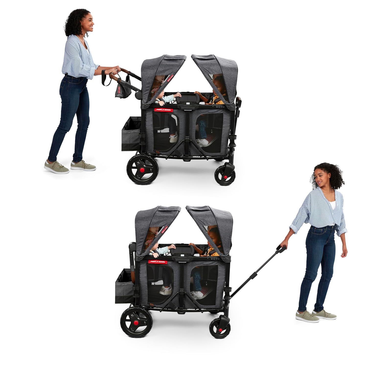 Radio Flyer Voya XT Quad Stroller Wagon, for Ages 6+ Months, Extra Tall Sides, Push or Pull, 4 Seats, Dual Sun Canopies, Compact Fold, Storage Space, 5-Point Harnesses, Stroller Wagon for Kids
