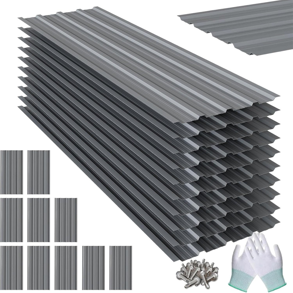 10 Pack Corrugated Metal Roofing Panels, 6.1 ft Galvanized Steel Roof Sheets, 17.7 x 73.2 in, Approx. 90 sq.ft Total Panel Area, with Screws, for Sheds, Chicken Coops and Gazebos, Grey