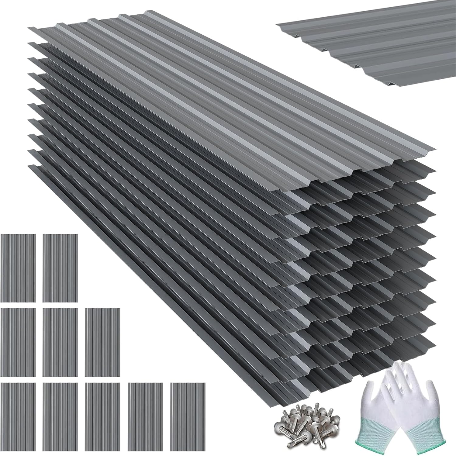 10 Pack Corrugated Metal Roofing Panels, 6.1 ft Galvanized Steel Roof Sheets, 17.7 x 73.2 in, Approx. 90 sq.ft Total Panel Area, with Screws, for Sheds, Chicken Coops and Gazebos, Grey