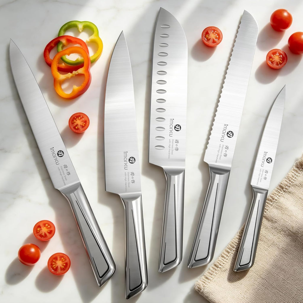imarku High Carbon Stainless Steel Gyutou Knife Set with Block, Precision-Forged Razor Sharp 10–15° Edge, Ergonomic Non-Slip Handle, Built-in Sharpener, Brown, Best Gift Choice, Cooking Enthusiasts
