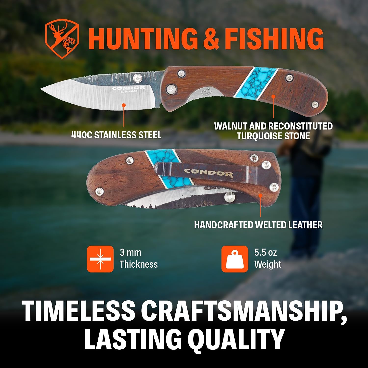 Condor Tool & Knife Blue River Hunter Folder - Pocket Knife with a Walnut and Reconstituted Turquoise Stone Handle - Stainless Steel - 3.02 inches Blade - 5.5 ounce (3.5mm Thick)