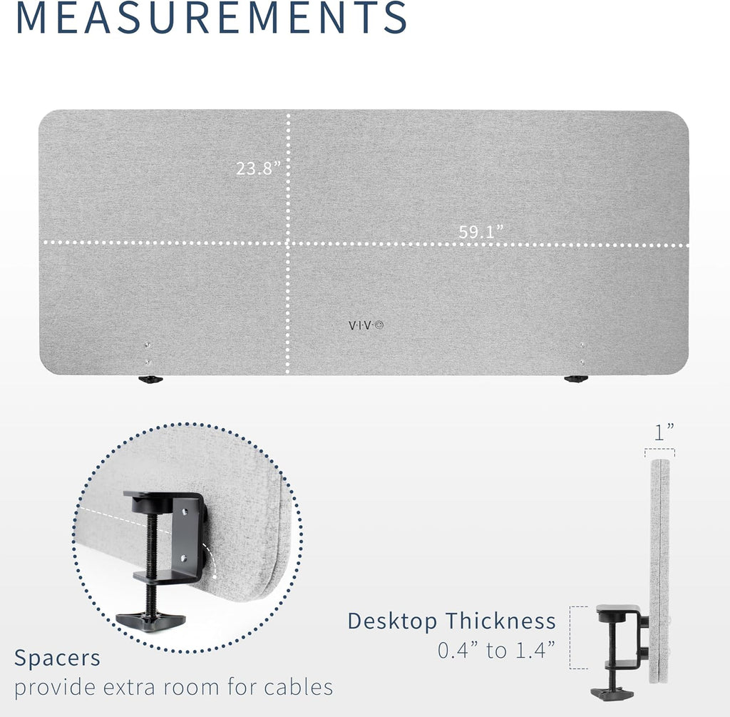 VIVO Clamp-on/Screw-on 60 x 24 inch Privacy Panel, Sound Absorbing Cubicle Desk Divider, Acoustic Partition, Gray, PP-1-V060G