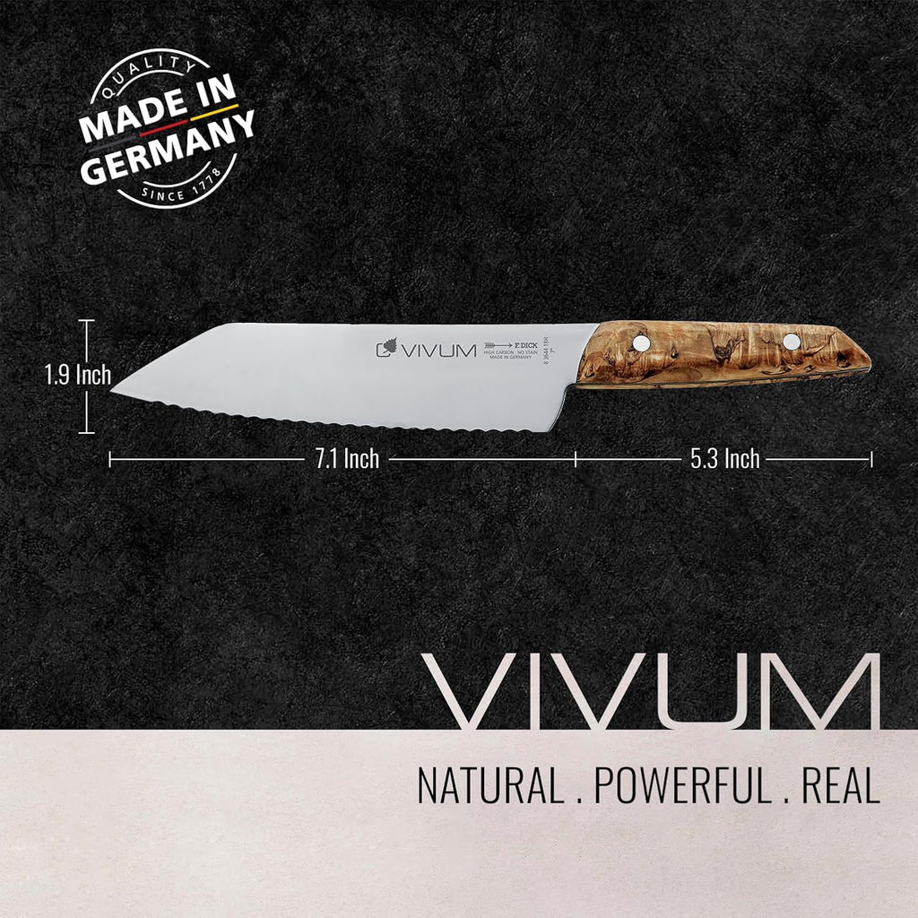 F. DICK – VIVUM Allround Knife – Universal Knife with scalloped edge - 7' blade & 58 HRC - all foods with a hard crust or shell - Stainless steel - Ultra sharp - Birchwood handle – Made in Germany