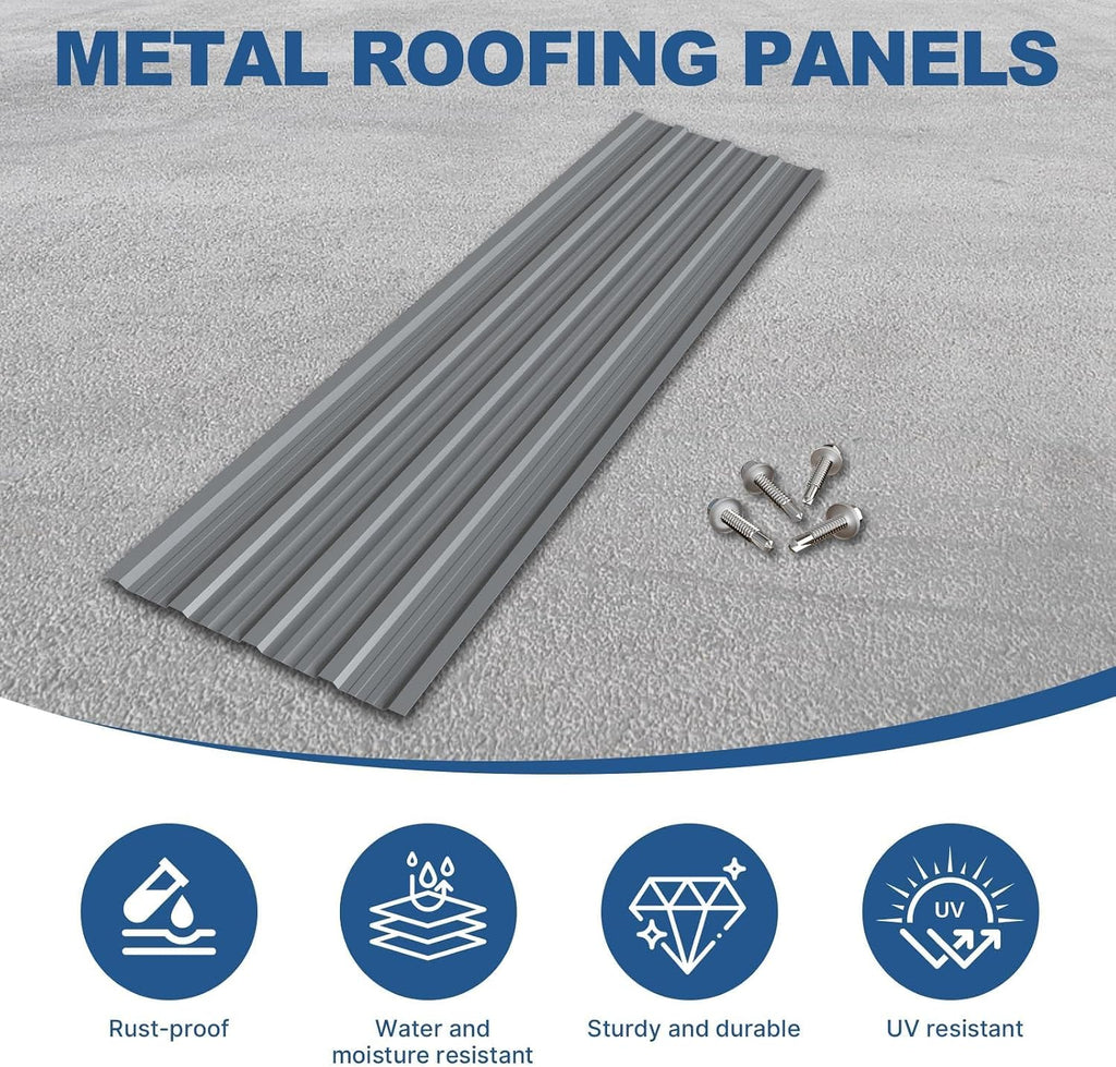 10 Pack Corrugated Metal Roofing Panels, 6.1 ft Galvanized Steel Roof Sheets, 17.7 x 73.2 in, Approx. 90 sq.ft Total Panel Area, with Screws, for Sheds, Chicken Coops and Gazebos, Grey