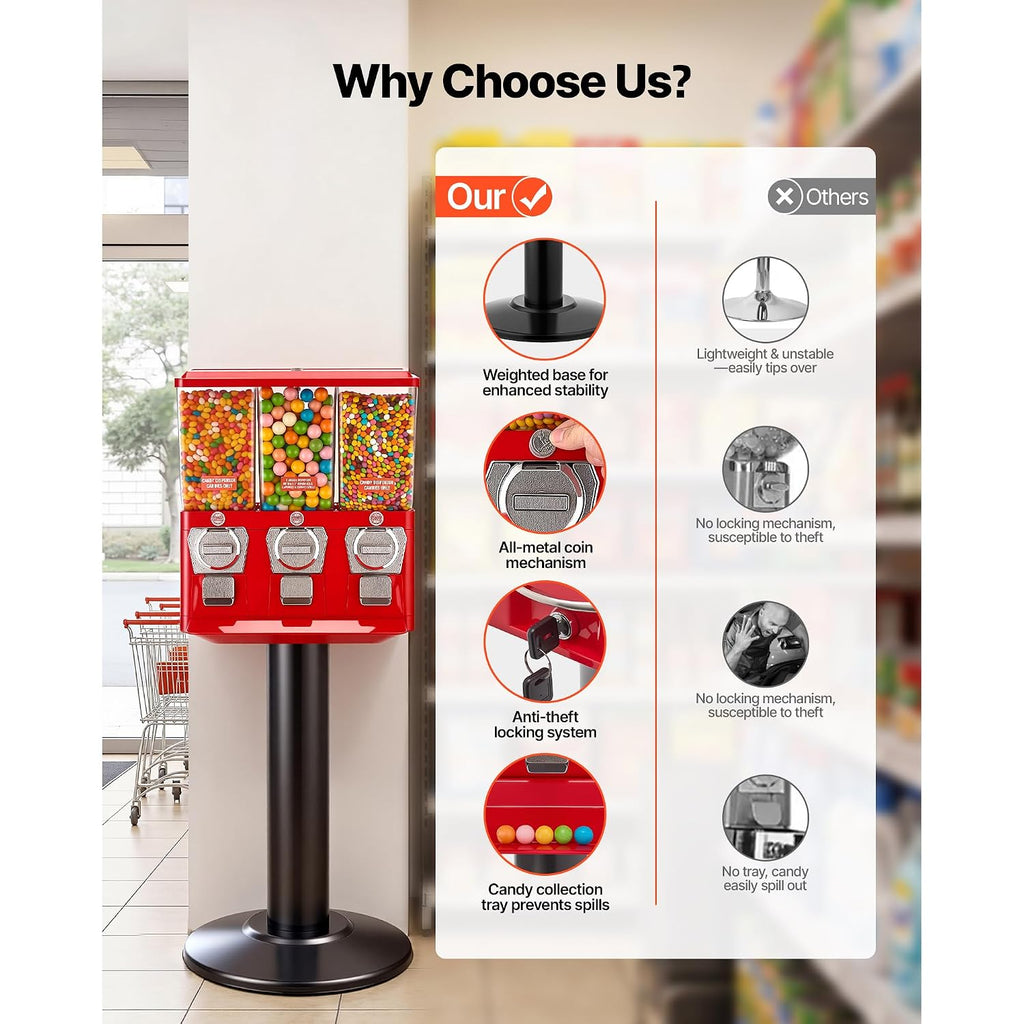 VEVOR Candy Vending Machine, Triple Compartment Candy Dispenser, Commercial Gumball and Candy Machine for Business with Iron Stand, Coin Operated Gumball Bank for Toy Capsules Bouncy Balls Candy