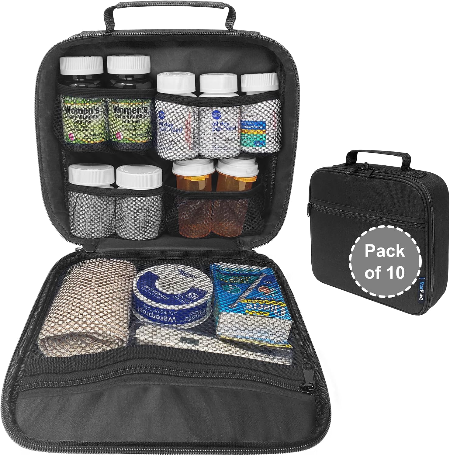Pack of 10 - Medium Travel Pill Bottle Organizer, Medicine Bag, Carrier for Medications and Medical Supplies - Black (Without Lock)