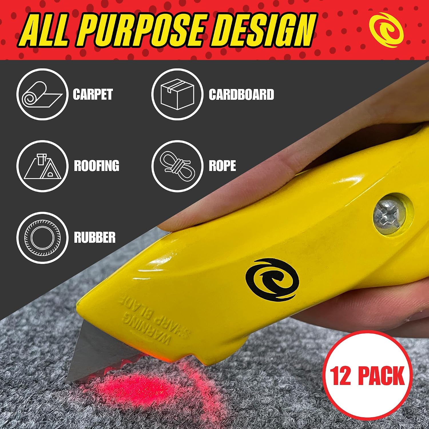 Rapid Edge Utility Knife, Heavy-Duty Safety Knife with Light, Includes Extra Serrated Utility Knife Blades, Made of Die-Cast Alloy Steel, Yellow, 12-Pack