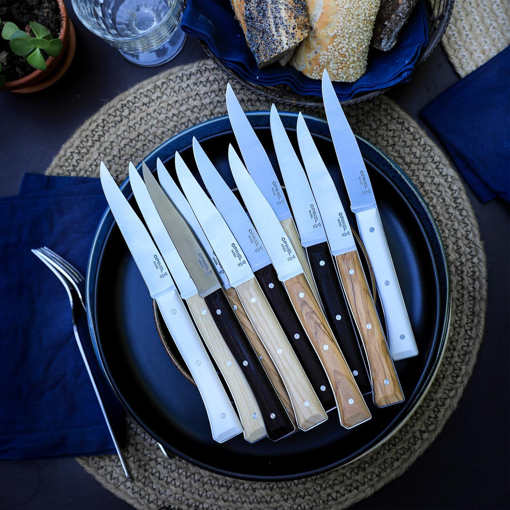 OPINEL Facette Steak Knife Set – Full Tang Table Knife Setting for 4, Comfortable Riveted Handle in Premium Woods and Vitter Eco, Made in France (Dark Ash Wood)