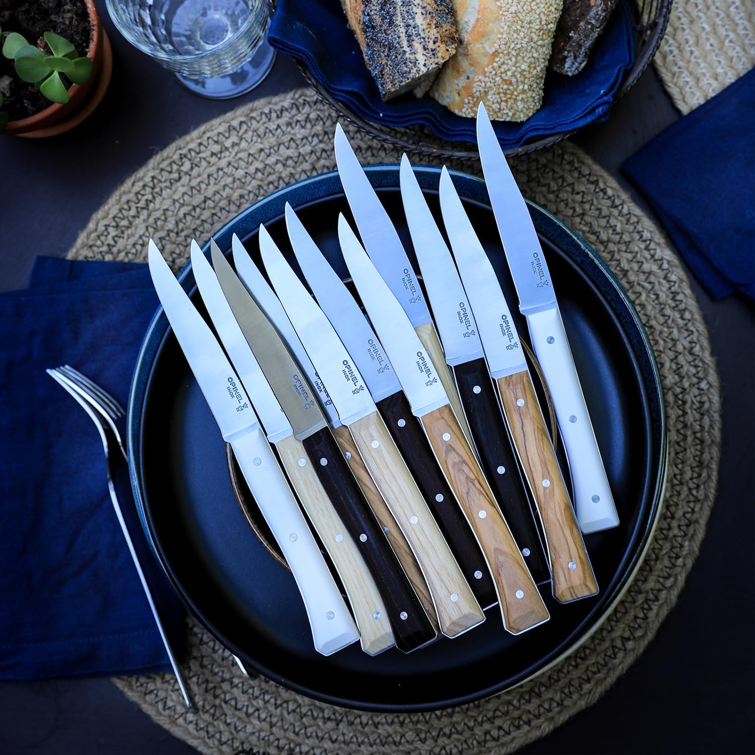 OPINEL Facette Steak Knife Set – Full Tang Table Knife Setting for 4, Comfortable Riveted Handle in Premium Woods and Vitter Eco, Made in France (Dark Ash Wood)