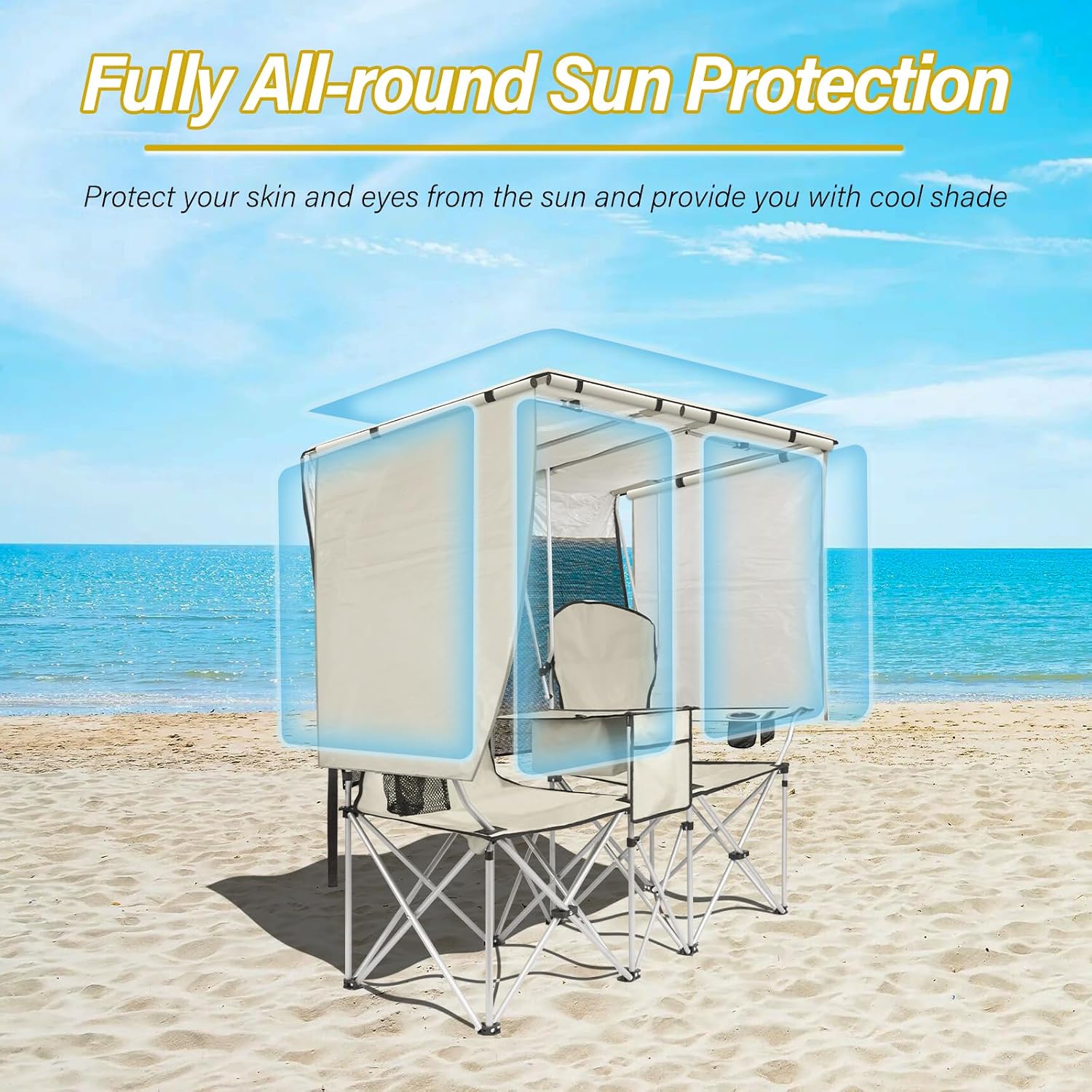 BDL Double Camping Chair with Canopy, Two Person Folding Loveseat with Shade, Heavy Duty Beach Chair with Cooler Bag, Cup Holder for Outside, Fishing, Sports, Beach-White